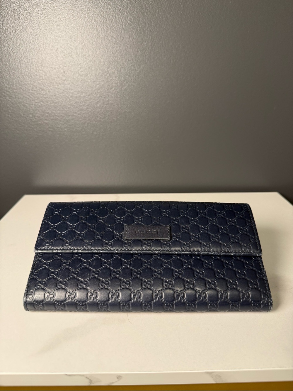 Gucci Navy Embossed Leather Continental Wallet